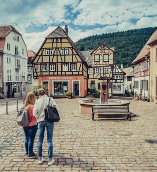 Ein Platz in einer Altstadt mit Kopsteinpflaster. In der Mitte ist ein Brunnen davor stehen zwei Frauen. Um den Platz stehen Fachwerkhäuser. Neckargemünd im Odenwald. | © Touristikgemeinschaft Odenwald e.V.