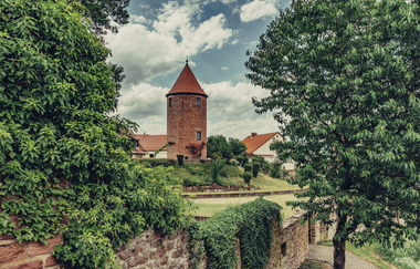 Im Vordergrund ist eine alte mit Efeu bewachsene Stadtmauer zu sehen, daneben ein Baum. In der Mitte des Bildes ist der Turm einer Burg mit einem Spitzdach. Neckargemünd im Odenwald. | © Touristikgemeinschaft Odenwald e.V.