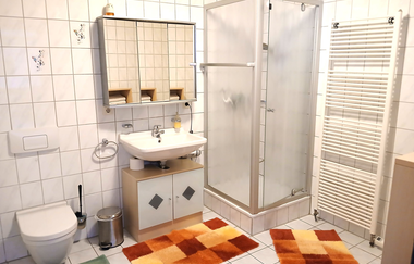 Blick ins Bad der Ferienwohnung Hipp mit Dusche, Toilette, Waschbecken, Spiegelschrank unf Badvorlegern | © Neckar-Zaber-Tourismus e. V.