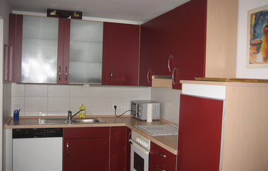 rote Küche mit Spülmaschine, Spülbecken, Ofen und Herd | © Neckar-Zaber-Tourismus e.V.