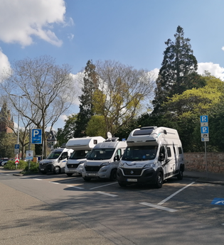 Vier Wohnmobile parken auf Stellplätzen an einer Schlossmauer, ein Behindertenparkplatz ist leer | © Jasmin Wolf