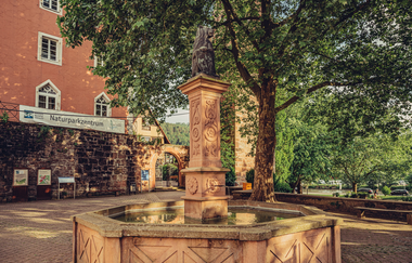 Im Vordergrund ist ein Buntsandteinbrunnen. Im Hintrgrund ein rotes Gebäude sowie ein Baum. Eberbach im Odenwald. | © Touristikgemeinschaft Odenwald e.V.