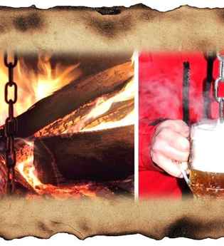 Collage mit Lagerfeuer und Mensch mit Uniform und Bierkrug