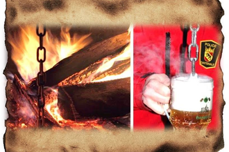 Collage mit Lagerfeuer und Mensch mit Uniform und Bierkrug