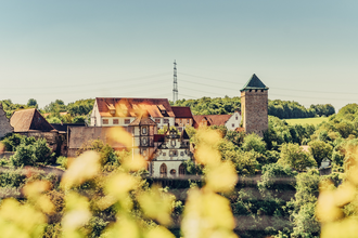 Blick auf eine Schlossanlage zwischen Wald und Weinbergen | © Touristikgemeinschaft HeilbronnerLand e.V.