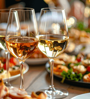 Drei gefüllte Weingläser stehen auf einem gedeckten Tisch mit diversen Tellern und Gerichten im Hintergrund. | © Moser Brugfeld