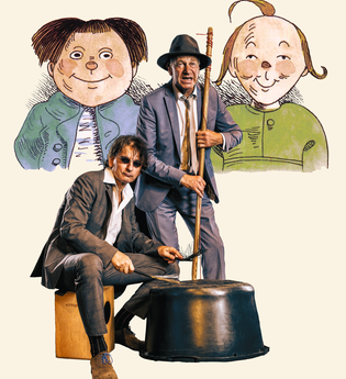 Das Musikerduo Huub Dutch sitzen vor dem Bild von Max und Moritz