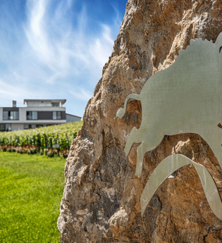 Blick in die Einfahrt des Weinguts Eberbach-Schäfer mit dem Symbol des Ebers befestigt an einem Stein. | © Privatweingut Eberbach-Schäfer