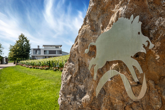 Blick in die Einfahrt des Weinguts Eberbach-Schäfer mit dem Symbol des Ebers befestigt an einem Stein. | © Privatweingut Eberbach-Schäfer
