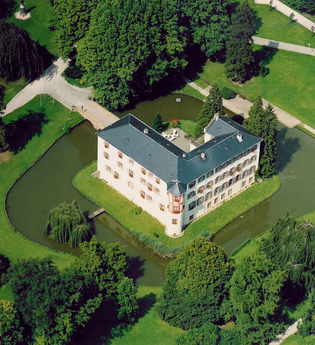 Luftbild Schloss Eichtersheim umgeben von See und Parkgelände