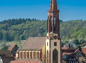 Blick auf die Stadtpfarrkirche und Dächer von Waibstadt vor blauem Himmel | © Stadt Waibstadt