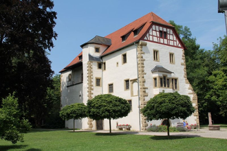 Seitlicher Blick auf das historische Alte Schloss umgeben von Bäumen | © Stadt Neckarbischofsheim