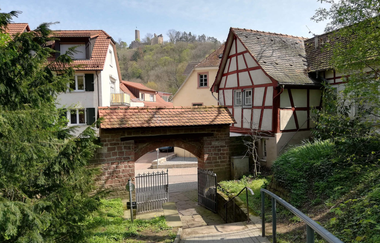 Ein Weg mit Treppen führt zum Mühlheimer Tor und den Fachwerkhäusern. Darüber thront die Burgruine Windeck. | © Stadt Weinheim - Jasmin Wolf