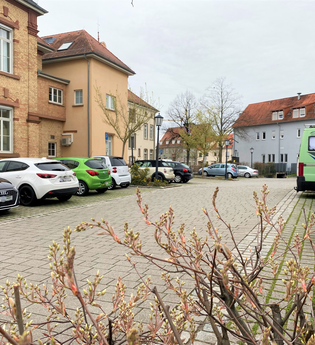Parkplatz voller Autos vor dem Rathaus
