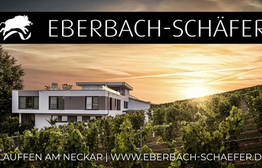 Blick auf des Gebäudes des Weinguts Eberbach-Schäfer mit Weinbergen bei Sinnenuntergang | © Privatweingut Eberbach-Schäfer