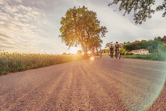 Radfahrer radeln auf einem asphaltierten Radweg bei Sonnenuntergang am Katzenbuckel, der höchsten Erhebung im Odenwald. Im Hintergrund ist ein Gebäude zu sehen. | © Touristikgemeinschaft Odenwald e.V.