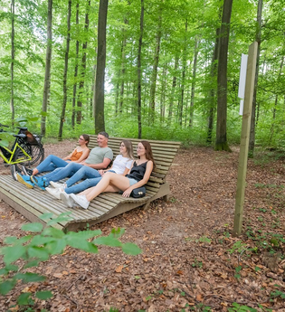 Vier Personen ruhen auf einem Waldsofa im Wald, ein Fahrrad lehnt daneben. | © Stadt Sinsheim