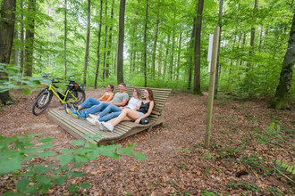 Vier Personen ruhen auf einem Waldsofa im Wald, ein Fahrrad lehnt daneben. | © Stadt Sinsheim