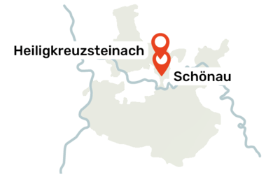 Karte des Rhein-Neckar-Kreises mit den markierten Orten Heiligkreuzsteinach und Schönau | © Landratsamt Rhein-Neckar-Kreis