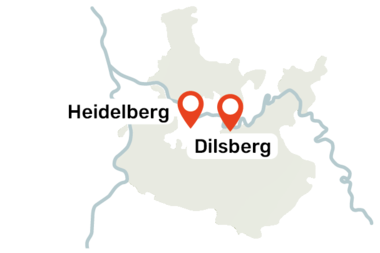 Karte des Rhein-Neckar-Kreises mit den markierten Orten Dilsberg und Heidelberg | © Landratsamt Rhein-Neckar-Kreis