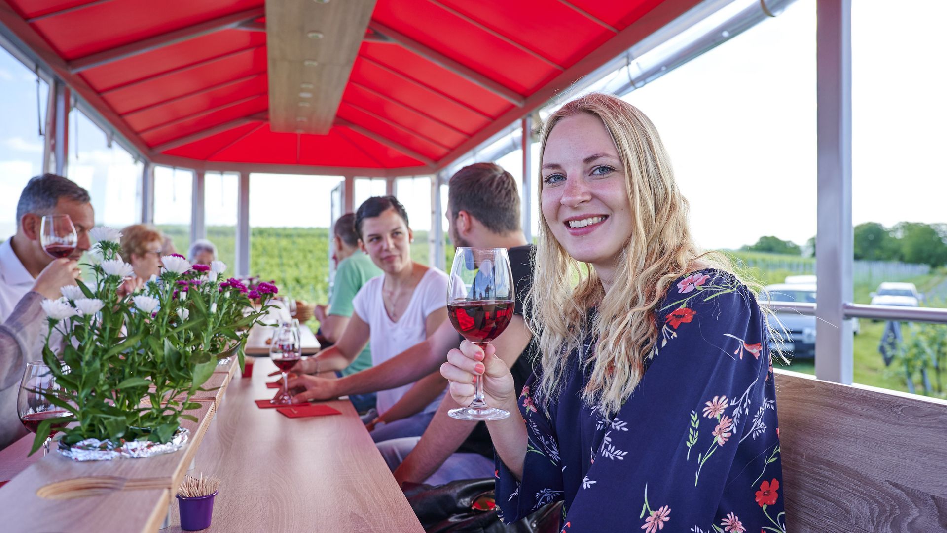Junge Frau mit Rotwein bei einer Planwagenfahrt